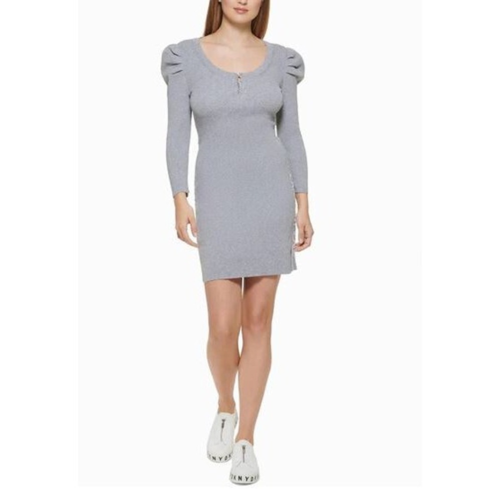 DKNY Women Avenue Grey Ribbed Puff Sleeve Henley Dress E1JOAIA0 XS